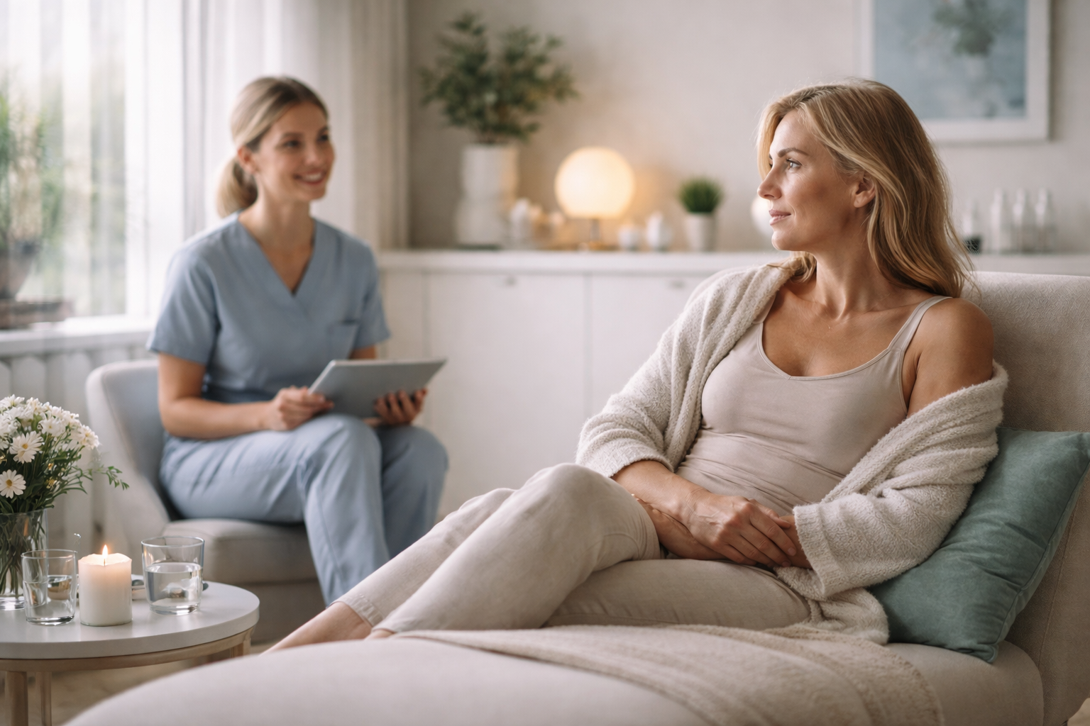 A serene image of a person standing on a beach at sunset, looking out at the horizon. The sky is painted with soft hues of orange and pink, reflecting on the calm water. The person is silhouetted against the glowing backdrop, evoking a sense of contemplation and tranquility.