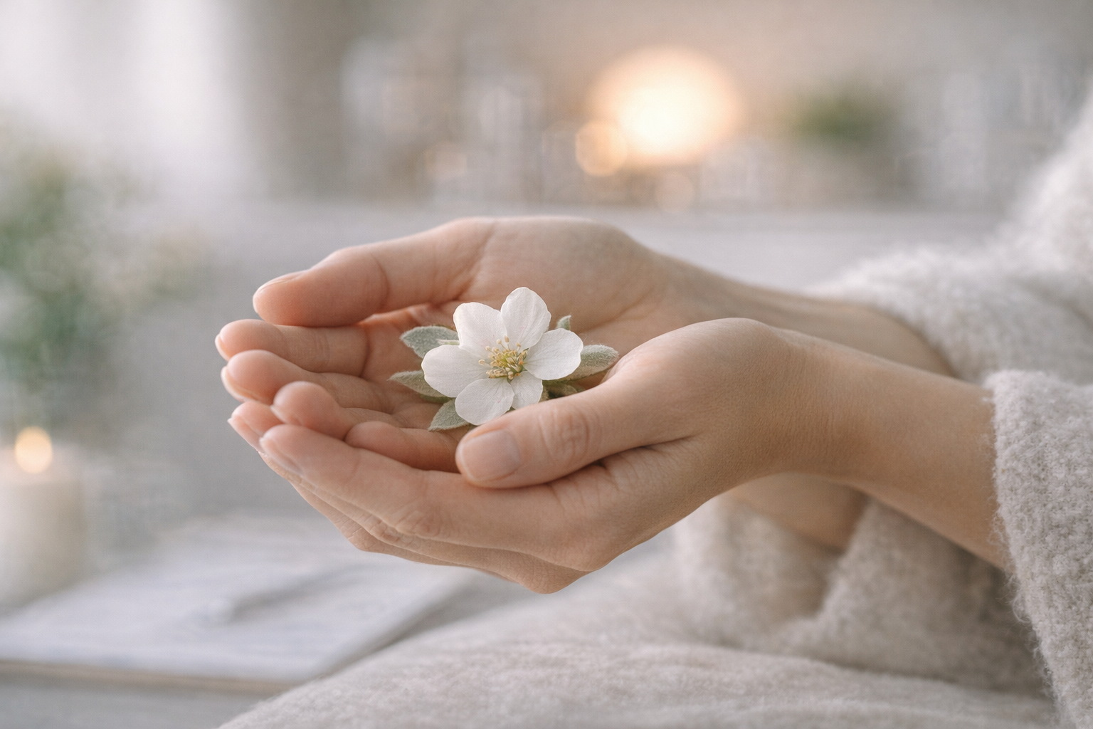 A close-up image of a person's hands gently holding a small, delicate flower. The hands are positioned in a way that cradles the flower, conveying a sense of care and tenderness. The background is softly blurred, drawing attention to the intricate details of the flower and the nurturing gesture of the hands.